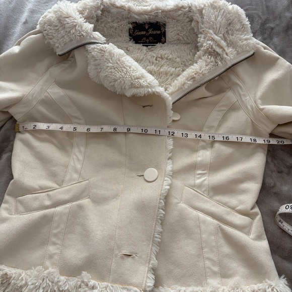 L GUESS Faux Suede Fur Lining ZIP JACKET HOODIE OFF WHITE CREAM soft warm winter - Picture 13 of 16
